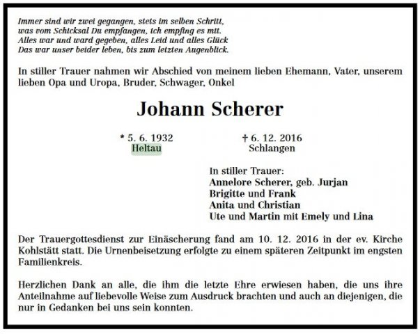 Scherer Johann 1932-2016 Todesanzeige